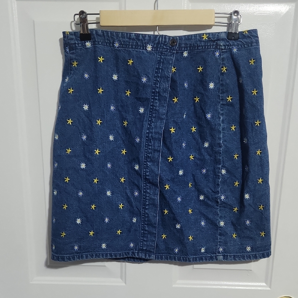 Embroidered Denim Skirt - Blue with Yellow and White Accents